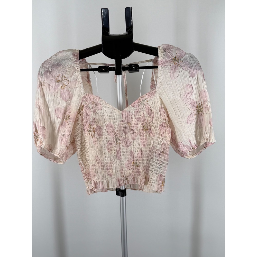 H&M Pink Floral Smocked Puff Sleeve Crop Top‎ Sweetheart Neck Back Tie Small